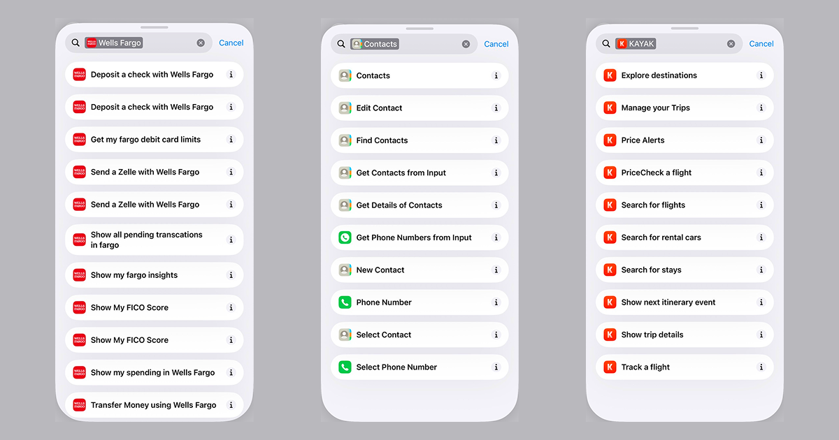 Three screenshots show shortcut actions for iOS apps Kayak, Contacts, and Wells Fargo