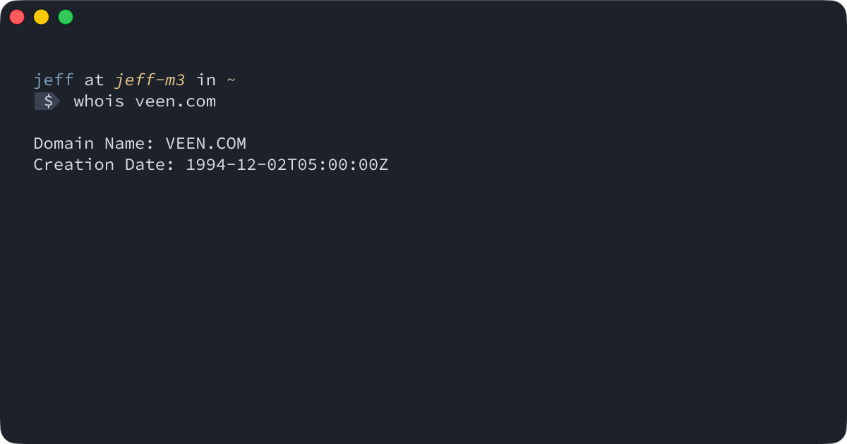Terminal window showing whois veen.com output